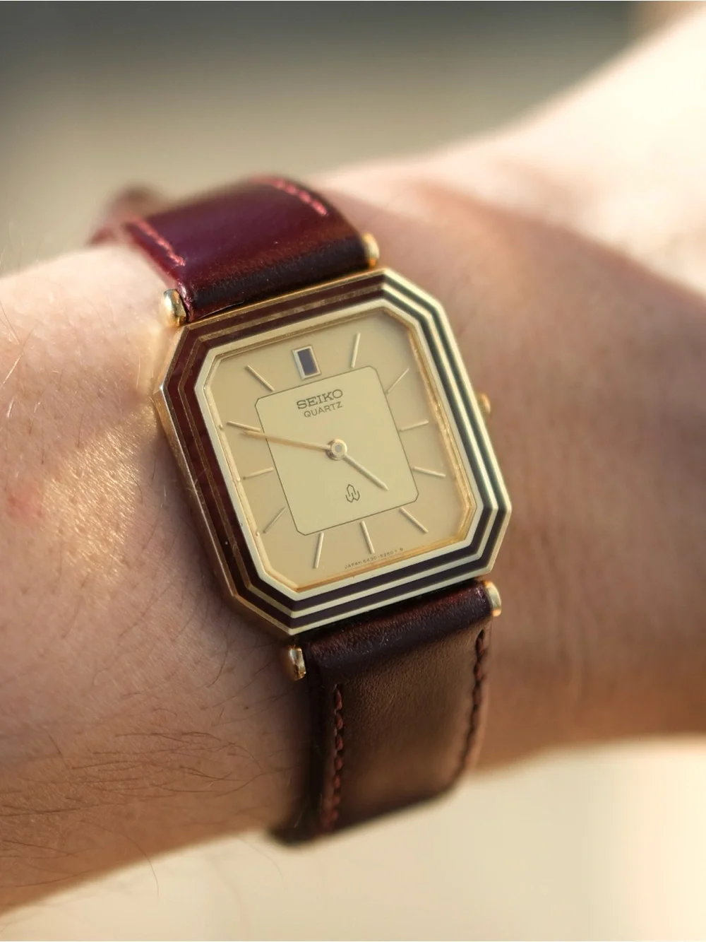 Seiko Gold Octagonal Dress Watch with Red Leather Strap